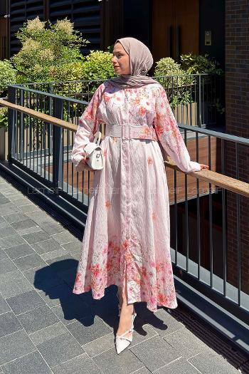 Lamelif Çiçek Detaylı Elbise Pembe