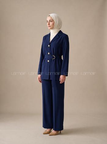 Navy Blue Shirt Collar Long Arm Tensel Regular Trousers Comfortable Suit