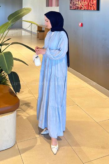 Lamelif Desenli Düğme Kapama Elbise Bebe Mavisi