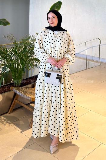 Lamelif Puantiye Detaylı Elbise Sarı