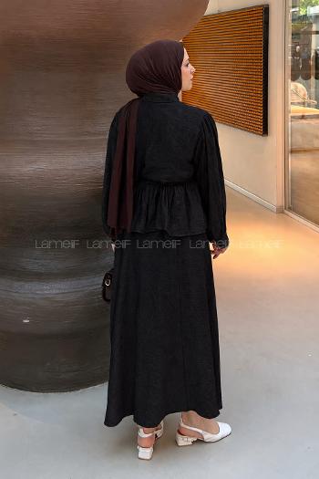 Lamelif Taş Düğmeli Desenli Etekli Takım Siyah