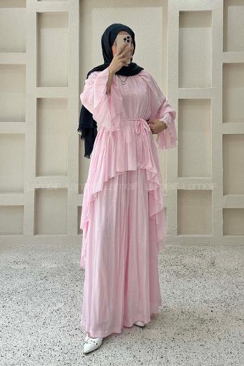 Lamelif Asimetrik Volanlı İkili Takım Pembe