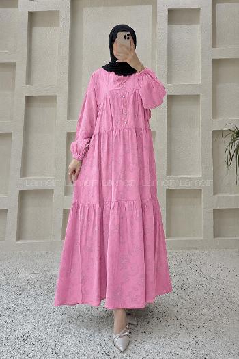 Lamelif Çiçek Desenli Gold Düğmeli Elbise Pembe