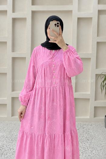 Lamelif Çiçek Desenli Gold Düğmeli Elbise Pembe