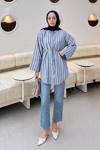Lamelif Çizgili Bağlamalı Gömlek Bebe Mavisi