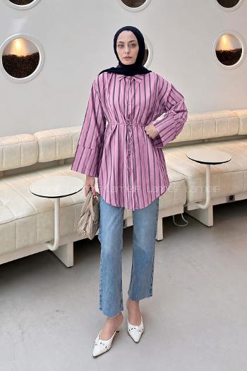 Lamelif Çizgili Bağlamalı Gömlek Pembe