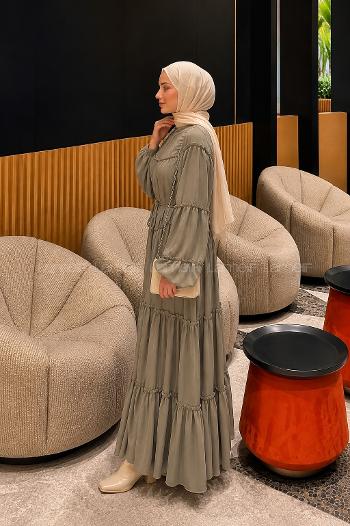 Lamelif Fırfır Detaylı Tesettür Elbise Haki