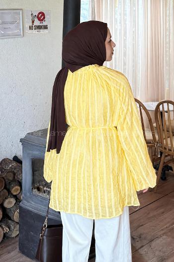 Lamelif Fırfır Yaka Krinkle Tunik Sarı