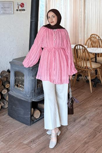 Lamelif Fırfır Yaka Krinkle Tunik Şeker Pembesi