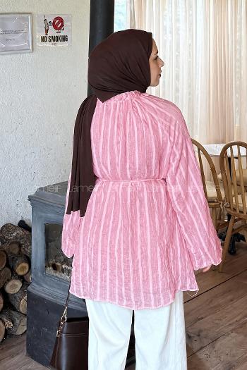 Lamelif Fırfır Yaka Krinkle Tunik Şeker Pembesi