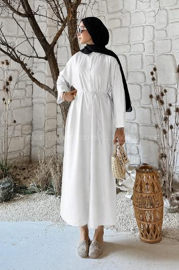 Lamelif Pat Detaylı Elbise Beyaz