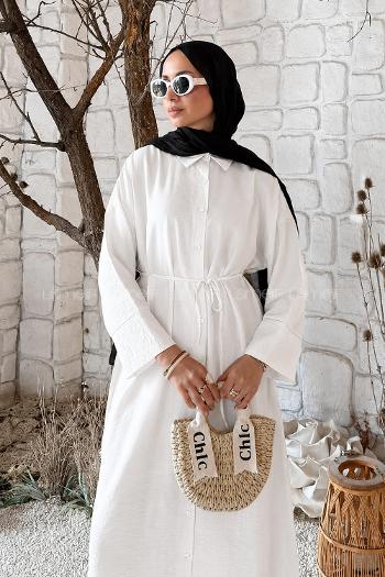 Lamelif Pat Detaylı Elbise Beyaz