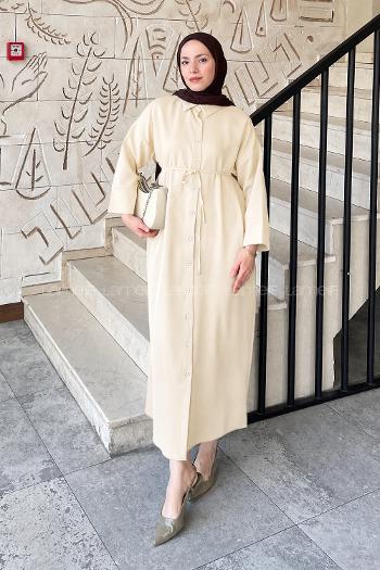 Lamelif Takma Manşet Detaylı Dabıl Tesettür Elbise Sarı