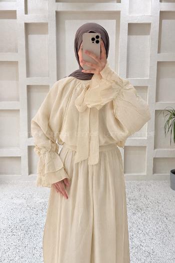 Lamelif Yakası Bağlama Detaylı Etekli Takım Krem