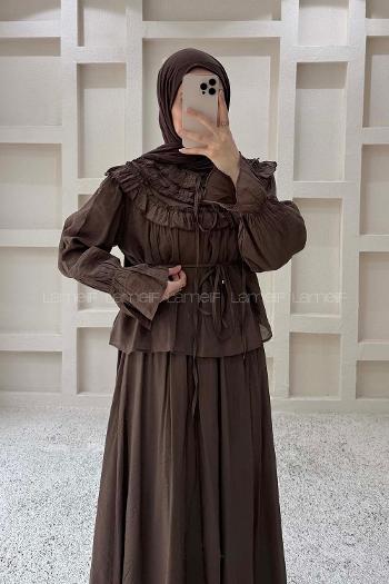 Lamelif Kat Kat Fırfırlı Gipe Belli Etekli Takım Acı Kahve