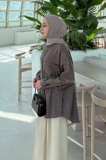 Lamelif Pul Payet Detaylı Çizgili Gömlek Acı Kahve