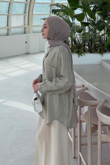 Lamelif Pul Payet Detaylı Çizgili Gömlek Çağla Yeşili