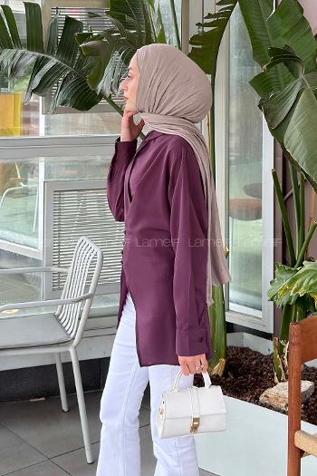 Lamelif Birit Düğme Kapama Detaylı Gömlek Mürdüm