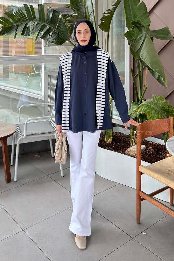 Lamelif Garnili Oversize Gömlek Lacivert