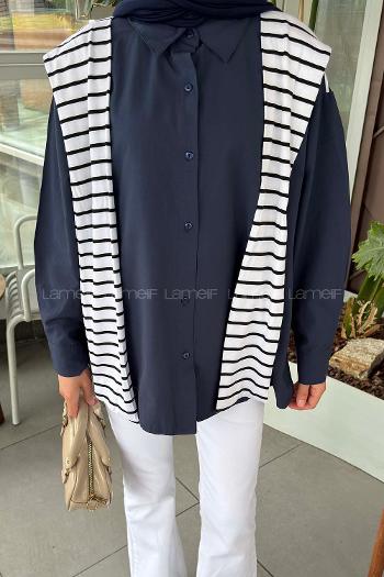 Lamelif Garnili Oversize Gömlek Lacivert