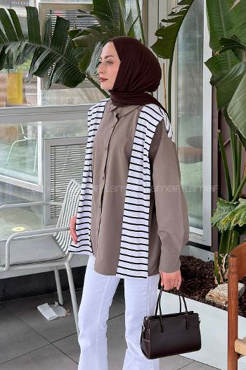 Lamelif Garnili Oversize Gömlek Soft Kahve