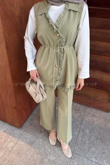 Lamelif Güpür Dantel Detaylı Bağlamalı Yelekli Takım Çağla Yeşili
