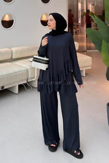 Navy Blue Crew Neck Long Arm Combed Fabric Regular Trousers Comfortable Suit