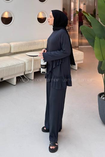 Navy Blue Crew Neck Long Arm Combed Fabric Regular Trousers Comfortable Suit