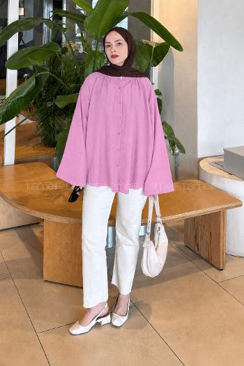 Lamelif Çizgi Detaylı Oversize Tesettür Gömlek Şeker Pembesi