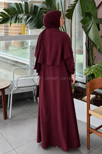 Lamelif Gold Toka Detaylı Pelerinli Elbise Bordo