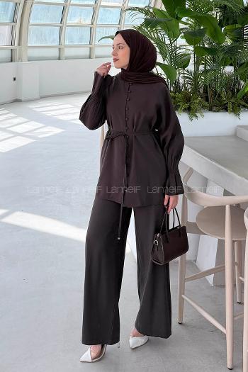 Bitter Brown Crew Neck Long Arm Sandy Fabric Regular Trousers Comfortable Suit