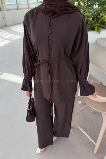 Bitter Brown Crew Neck Long Arm Sandy Fabric Regular Trousers Comfortable Suit
