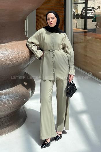 Plum Green Crew Neck Long Arm Sandy Fabric Regular Trousers Comfortable Suit
