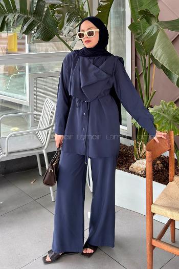 Lamelif Şal Yaka Bağlama Detaylı Pantolonlu Takım Lacivert