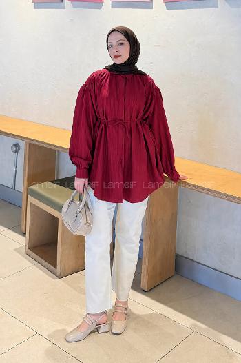 Lamelif Bağlama Detaylı Tesettür Gömlek Bordo