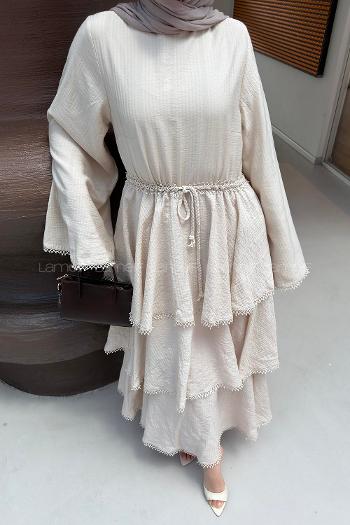 Beige Crew Neck Cotton Dresess