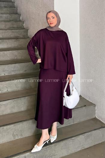 Lamelif Kristal Kloş Etekli Tesettür Takım Mürdüm