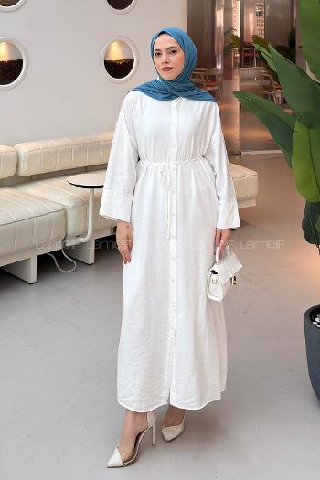 Lamelif Pat Detaylı Elbise Beyaz