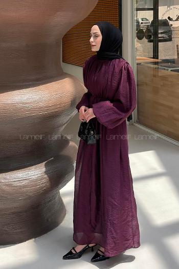 Lamelif Balon Kol Bağlama Detaylı Şifon Elbise Mürdüm