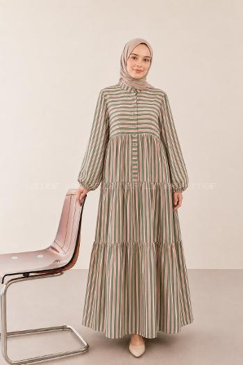 Lamelif Çizgi Desenli Elbise Haki