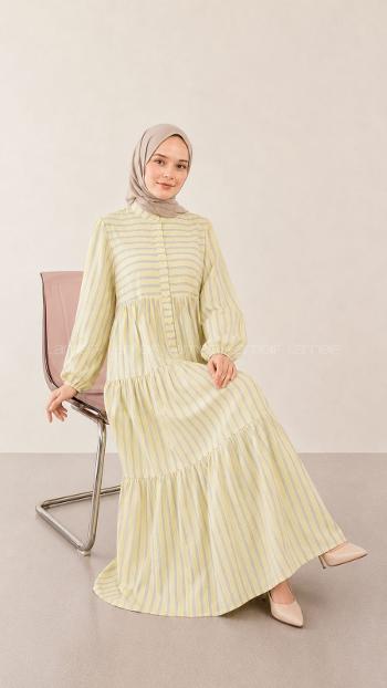 Lamelif Çizgi Desenli Elbise Sarı