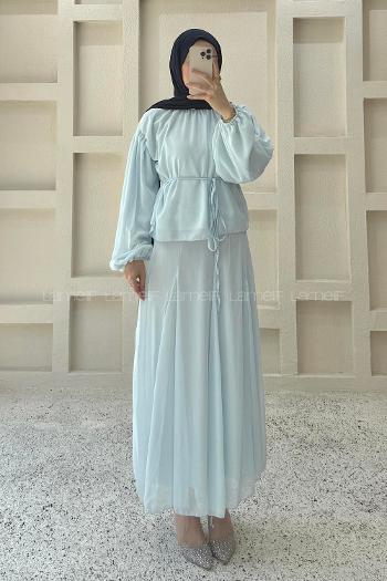 Baby Blue Foulard Neck Long Arm Cotton Flared Skirt Suit