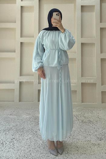 Baby Blue Foulard Neck Long Arm Cotton Flared Skirt Suit