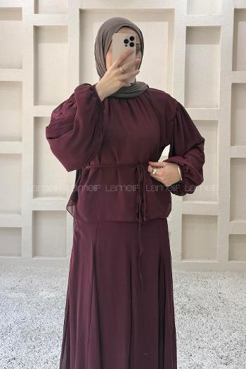 Claret Red Foulard Neck Long Arm Cotton Flared Skirt Suit