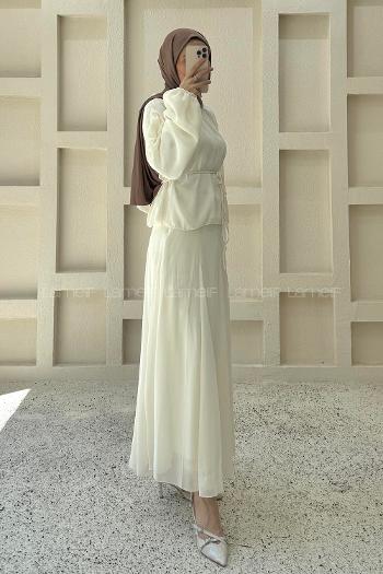 Cream Foulard Neck Long Arm Cotton Flared Skirt Suit