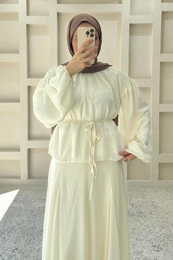 Cream Foulard Neck Long Arm Cotton Flared Skirt Suit