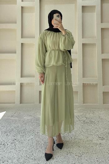 Mint Green Foulard Neck Long Arm Cotton Flared Skirt Suit