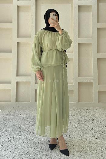 Mint Green Foulard Neck Long Arm Cotton Flared Skirt Suit