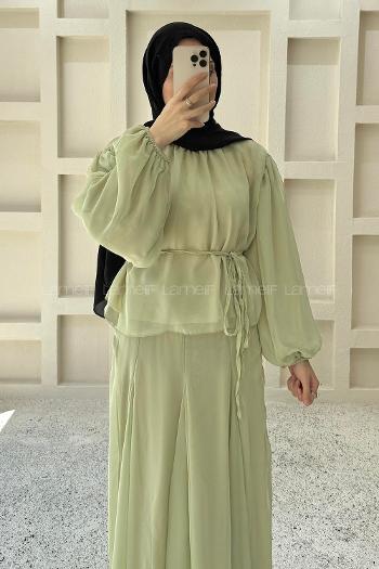 Mint Green Foulard Neck Long Arm Cotton Flared Skirt Suit