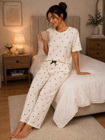 Lamelif Kadın Kalp Desen Milan Pijama Kumaş